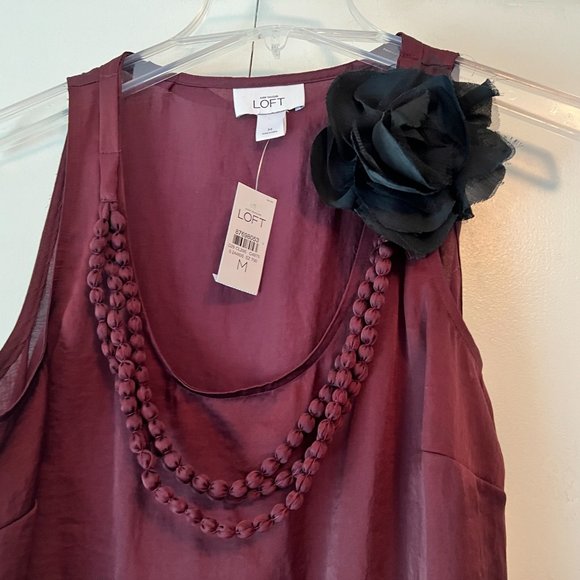 New Loft Tank, Burgundy - Attached Fabric Necklace and Flower, Tie Neck … - Picture 2 of 3